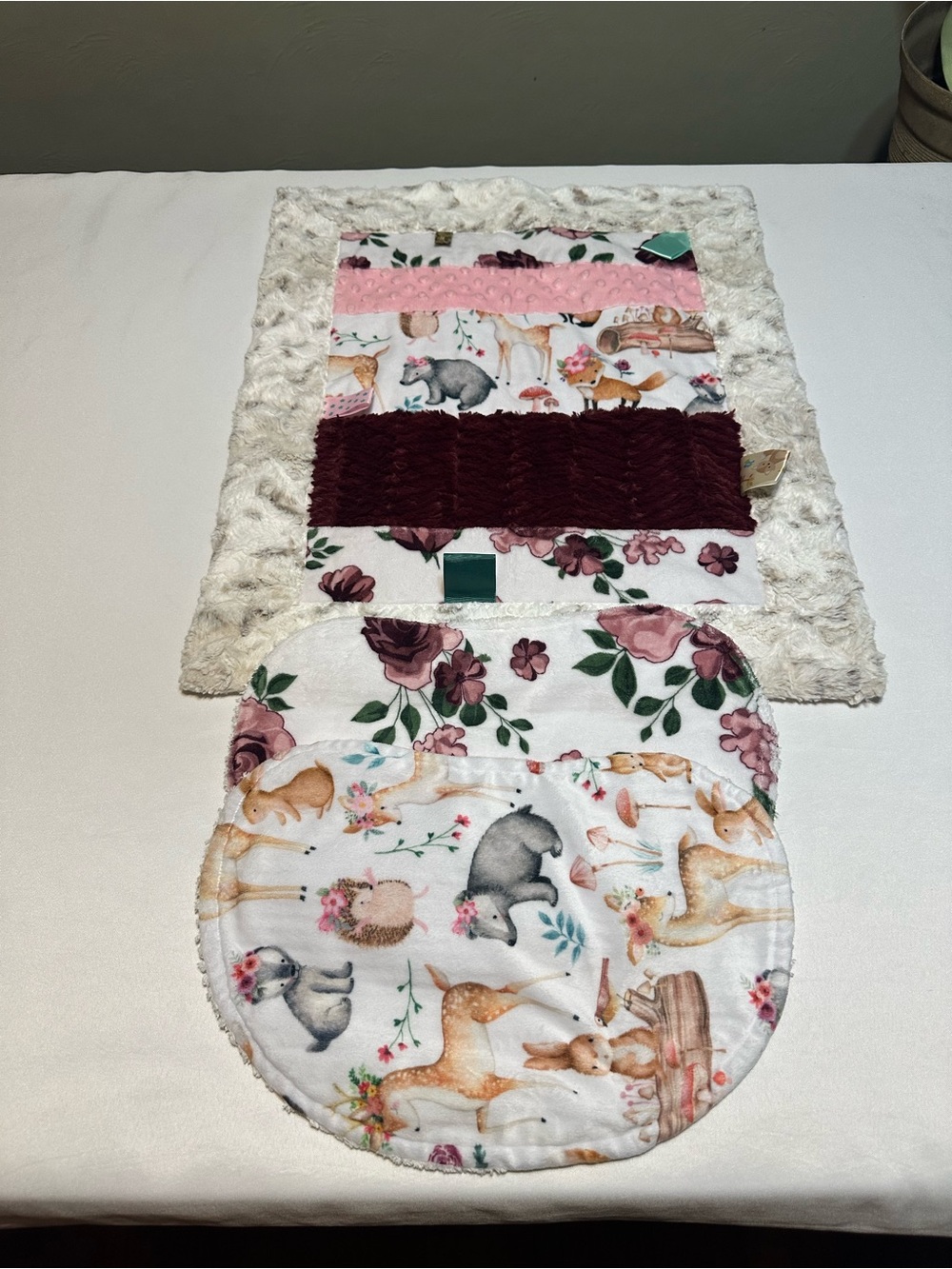 Woodland Floral Forest minky taggie & Burp Cloth Set - Pink, Cream & Burgundy
